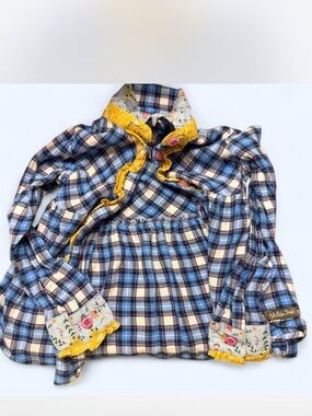 Matilda Jane Blue and Cream Plaid Button-Front Shirt with Yellow Trim